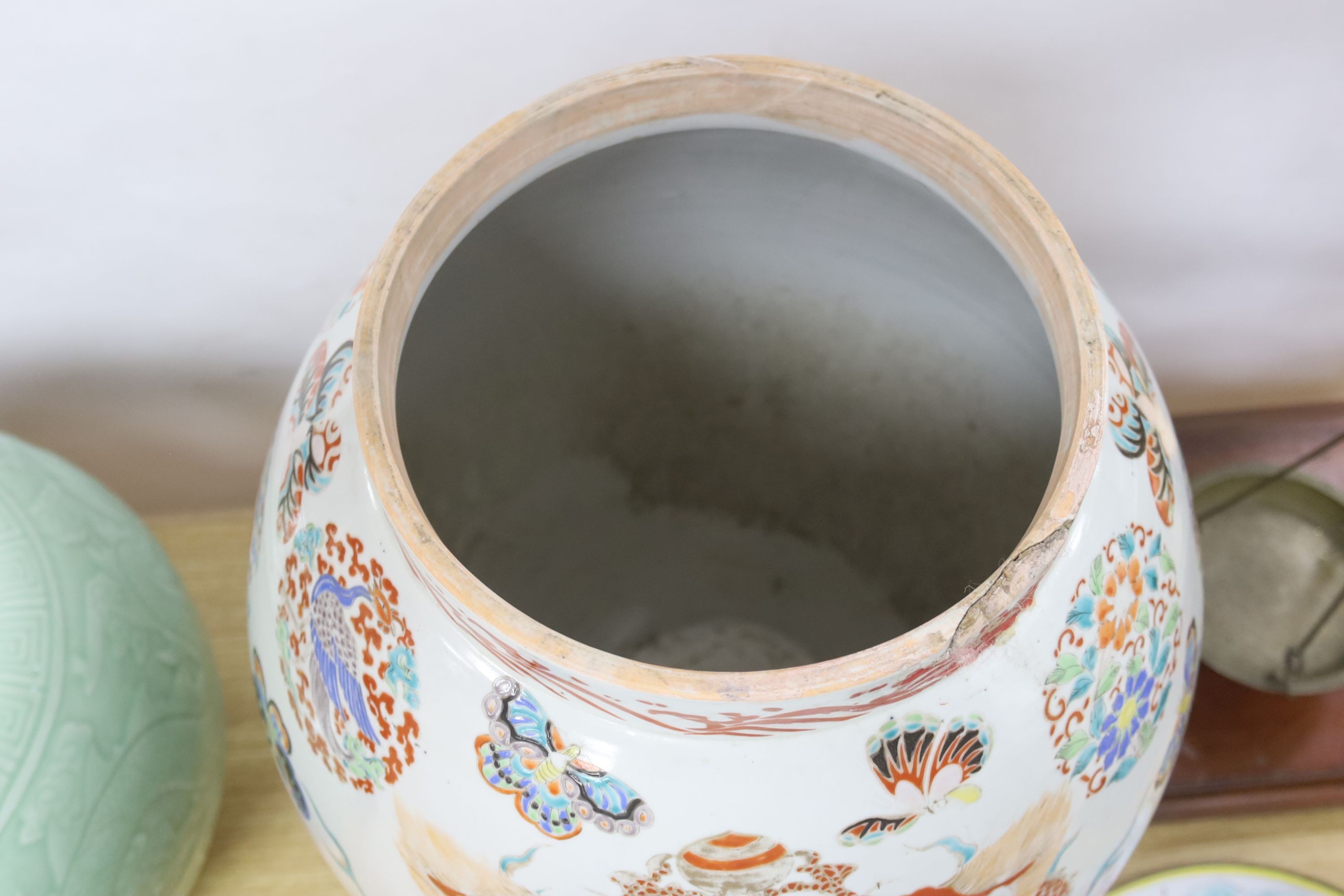 A large Japanese kutani enamelled ovoid vase, lacking cover, 52cm